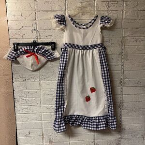 Vintage Handmade Prairie Gingham Strawberry Dress w/ Bonnet
